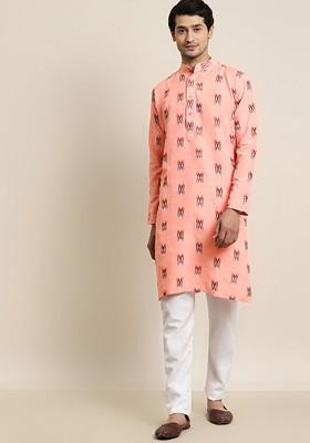 Peach Solid Cotton Kurta Set For Men