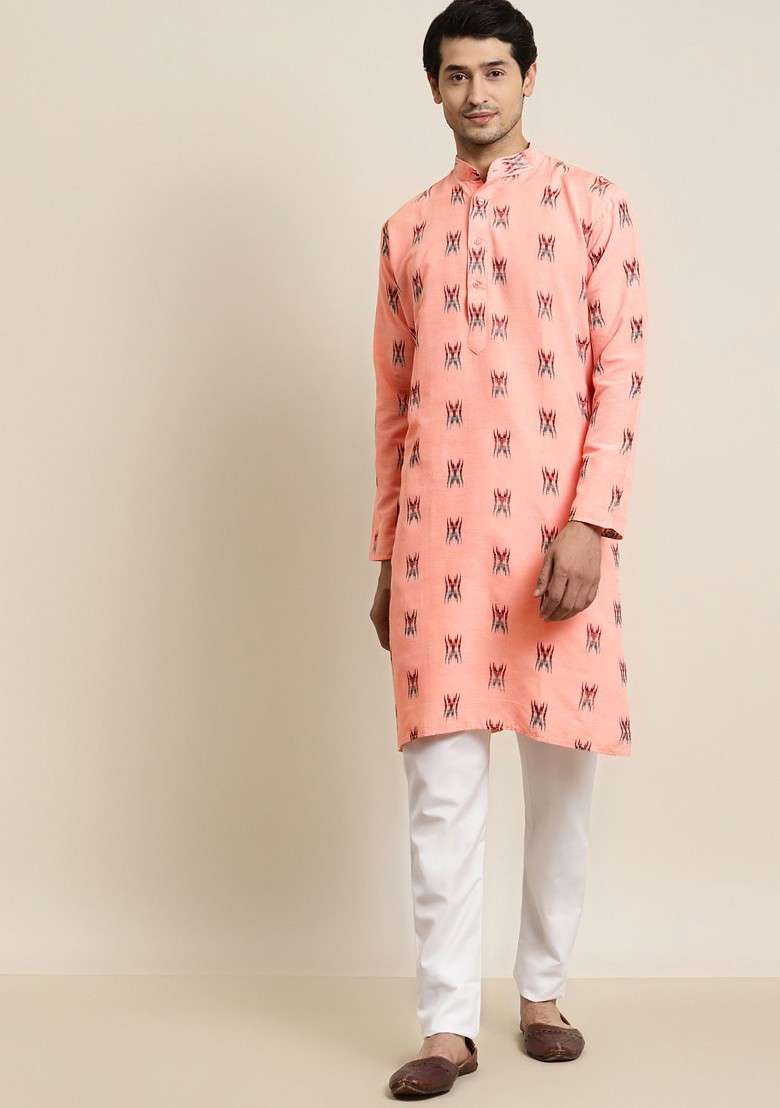 Peach Solid Cotton Kurta Set For Men - Indya