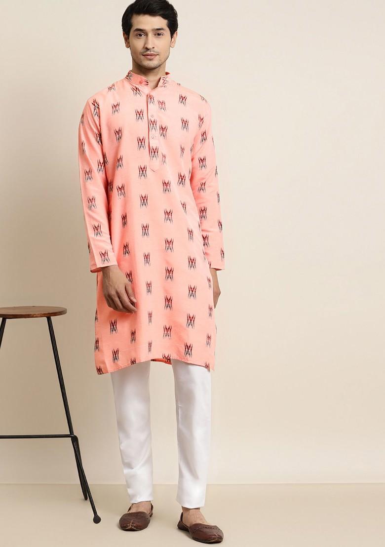 Peach Solid Cotton Kurta Set For Men