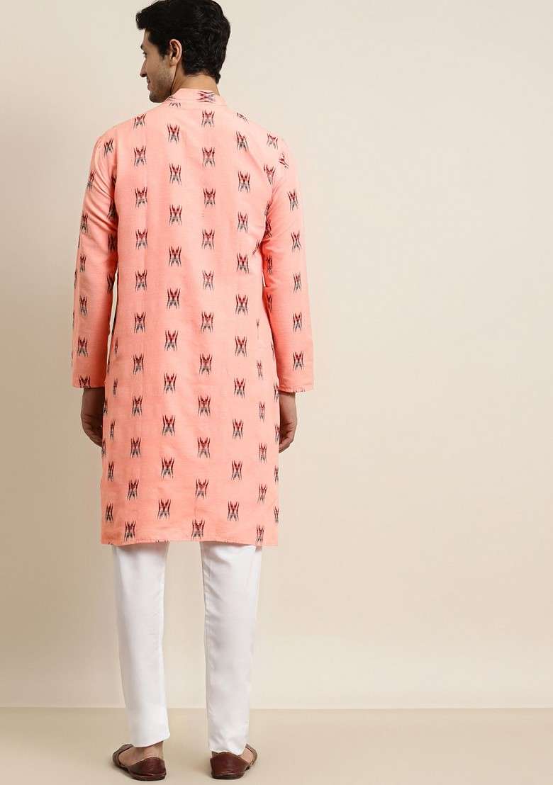 Peach Solid Cotton Kurta Set For Men - Indya