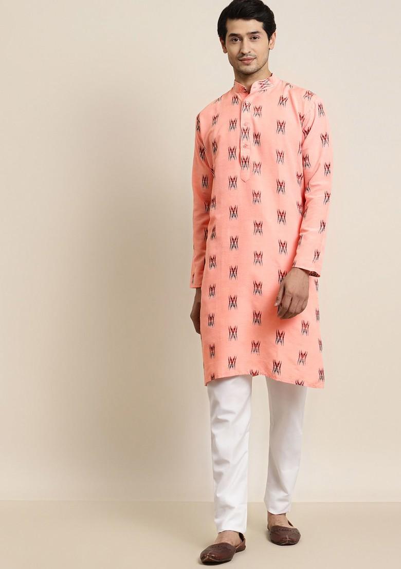 Peach Solid Cotton Kurta Set For Men