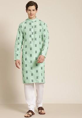 Green Solid Cotton Kurta Set For Men