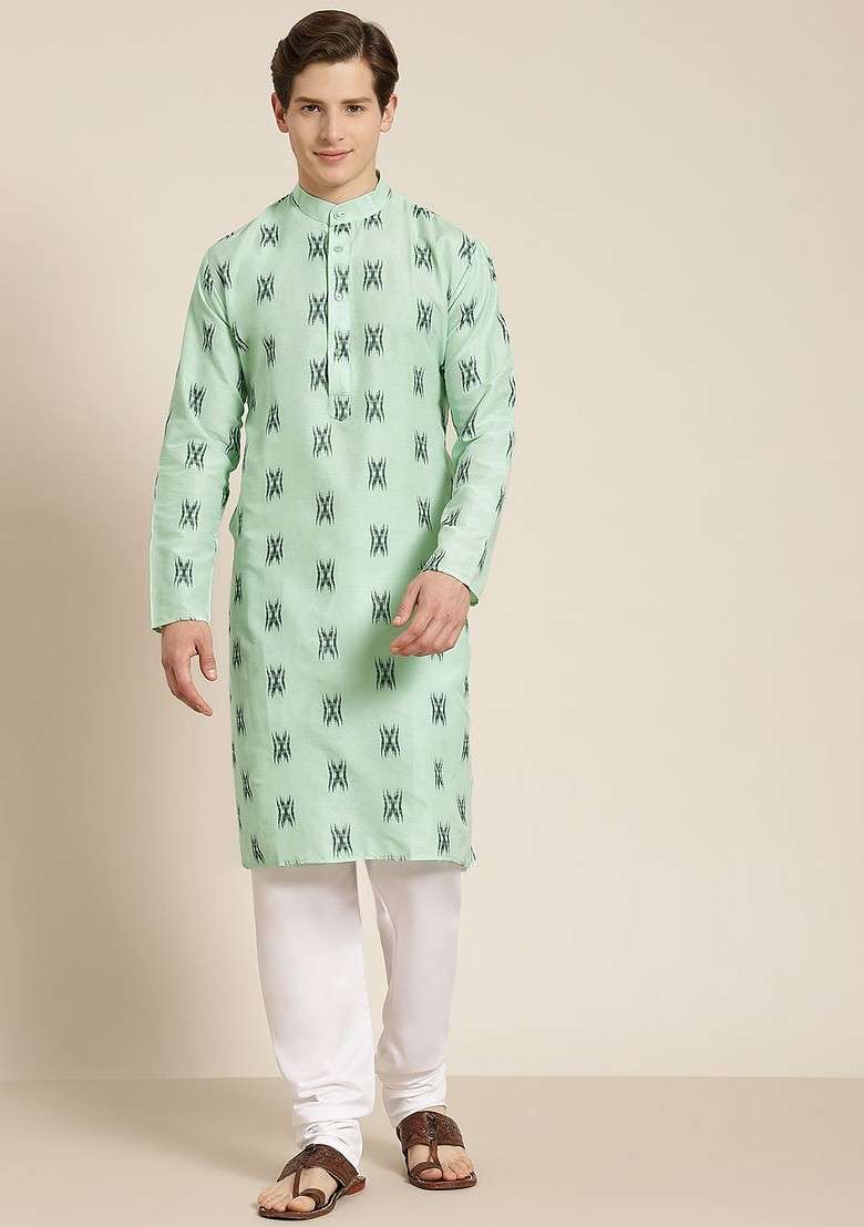 Green Solid Cotton Kurta Set For Men - Indya