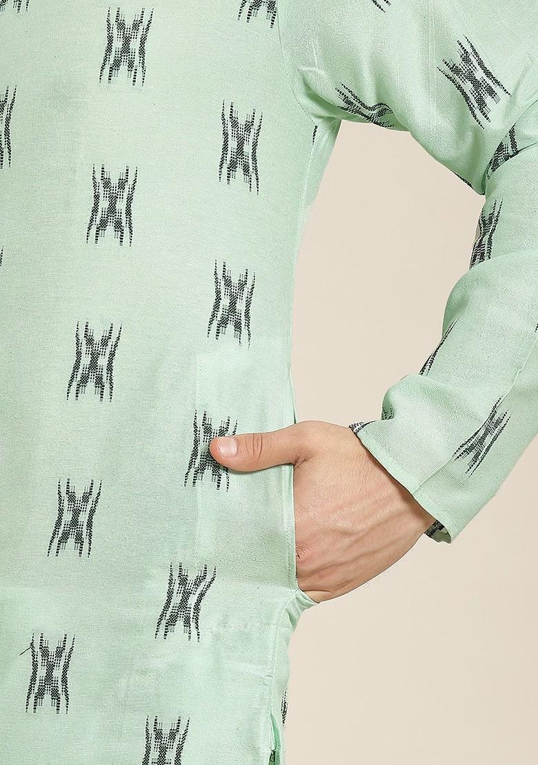 Green Solid Cotton Kurta Set For Men