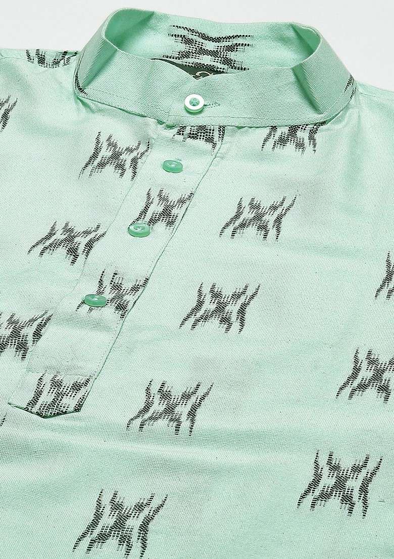 Green Solid Cotton Kurta Set For Men - Indya