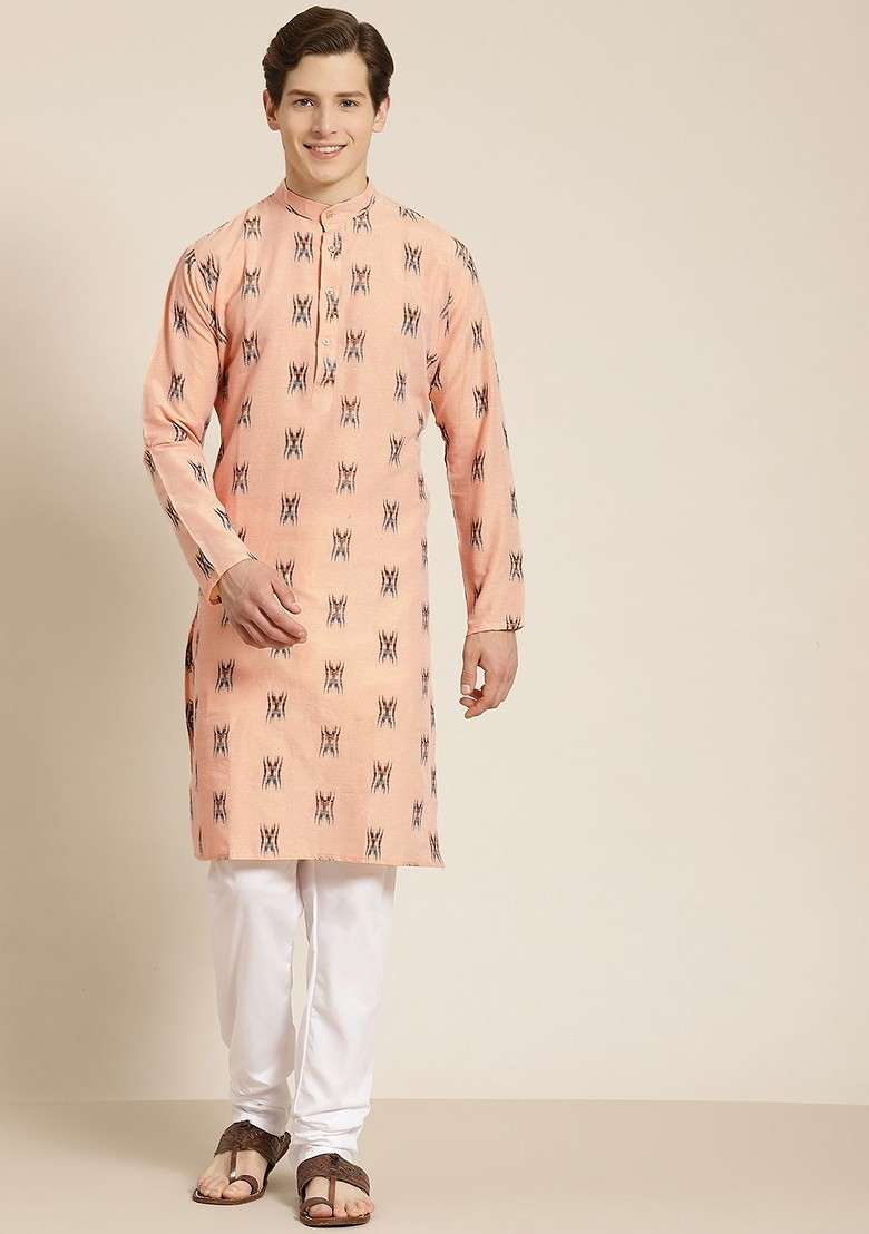 Peach Solid Cotton Kurta Set For Men - Indya