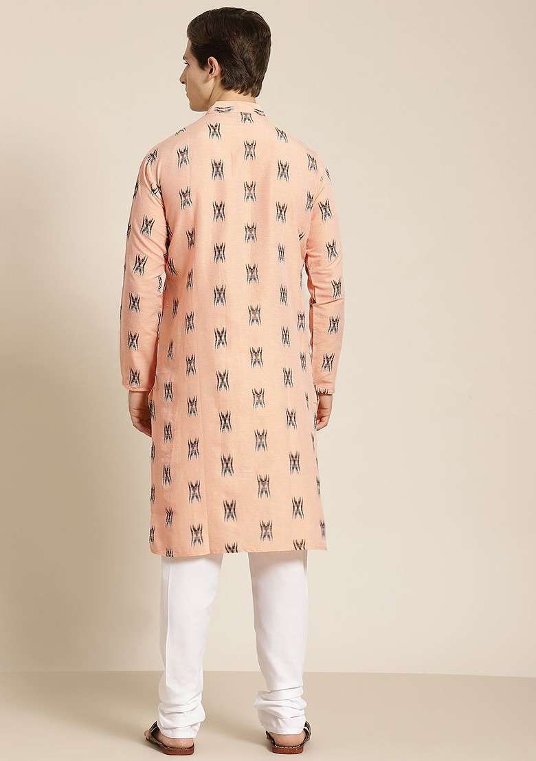Peach Solid Cotton Kurta Set For Men - Indya