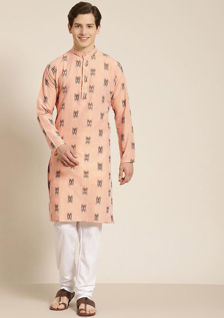 Peach Solid Cotton Kurta Set For Men