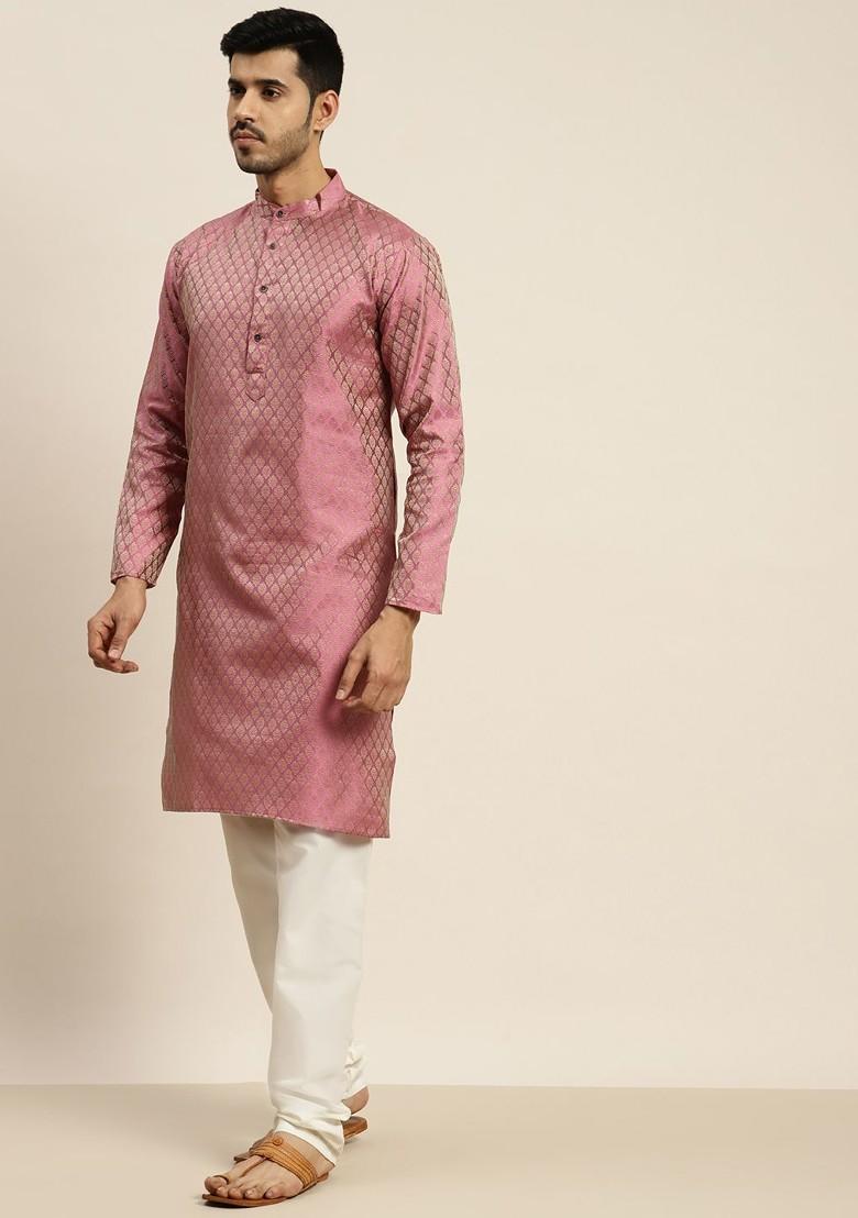 Pink Ethnic Motifs Poly Blend Kurta Set For Men