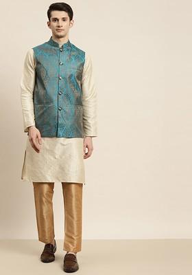 Beige Striped Poly Blend Kurta Set For Men