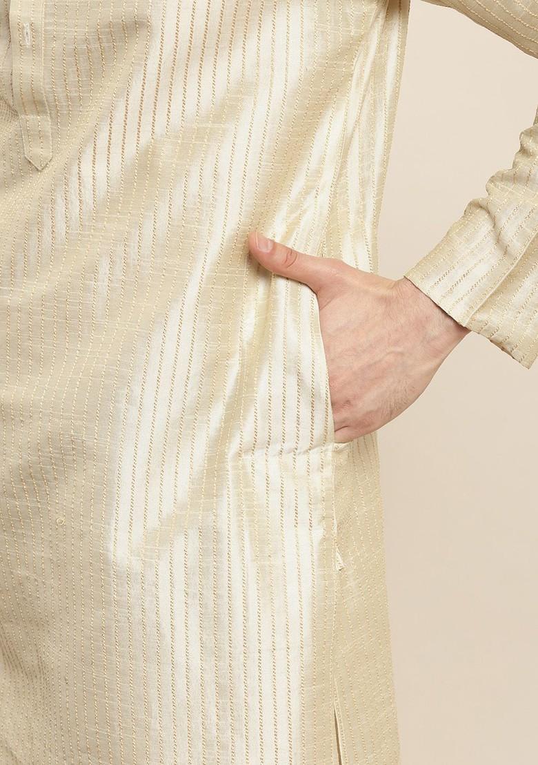 Beige Striped Poly Blend Kurta Set For Men