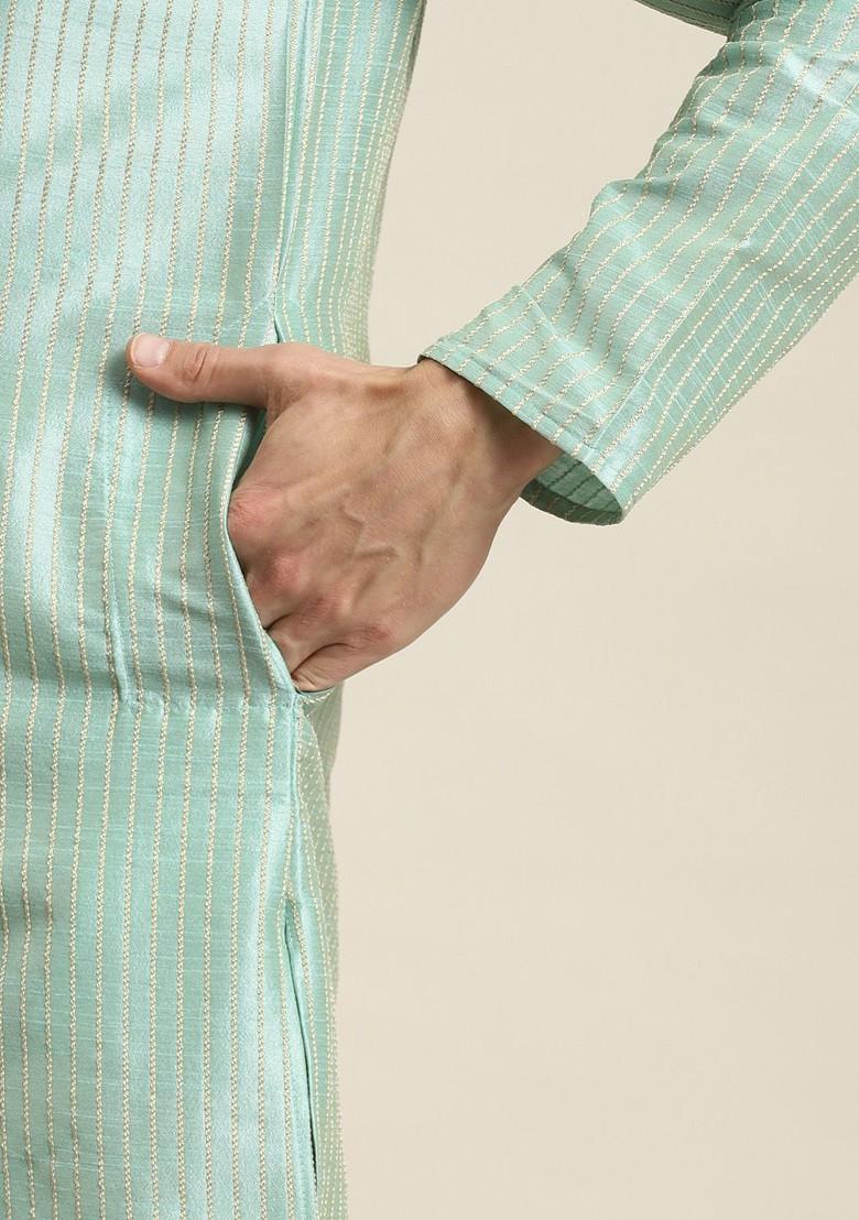 Sea Green Striped Poly Blend Kurta Set For Men