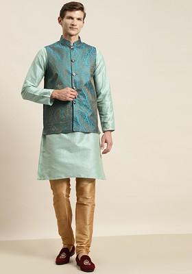 Sea Green Striped Poly Blend Kurta Set For Men