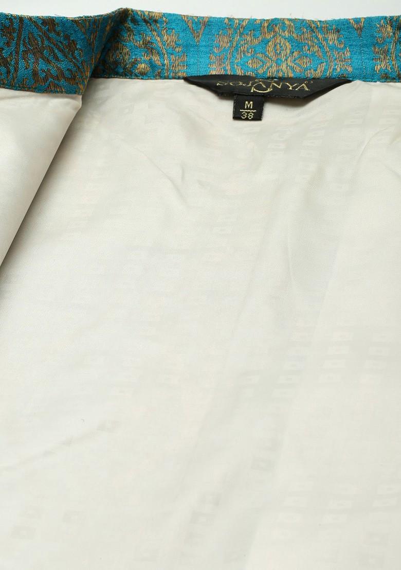 Sea Green Striped Poly Blend Kurta Set For Men