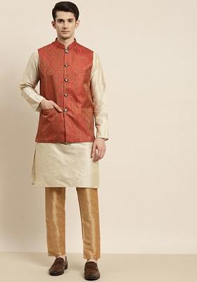Beige Striped Poly Blend Kurta Set For Men