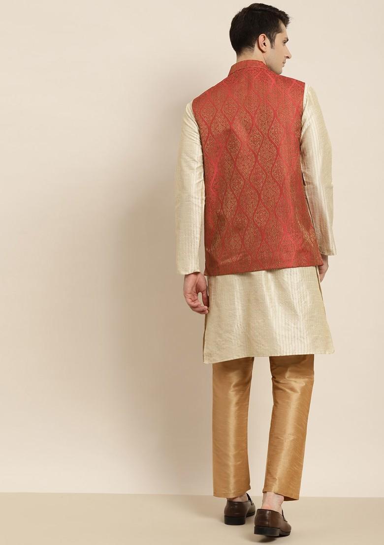 Beige Striped Poly Blend Kurta Set For Men