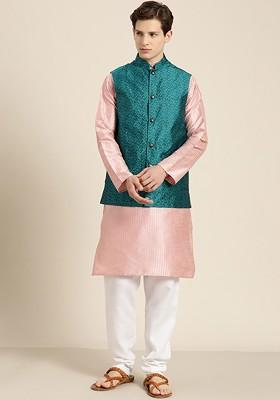 Pink Thread Work Poly Blend Kurta Set For Men