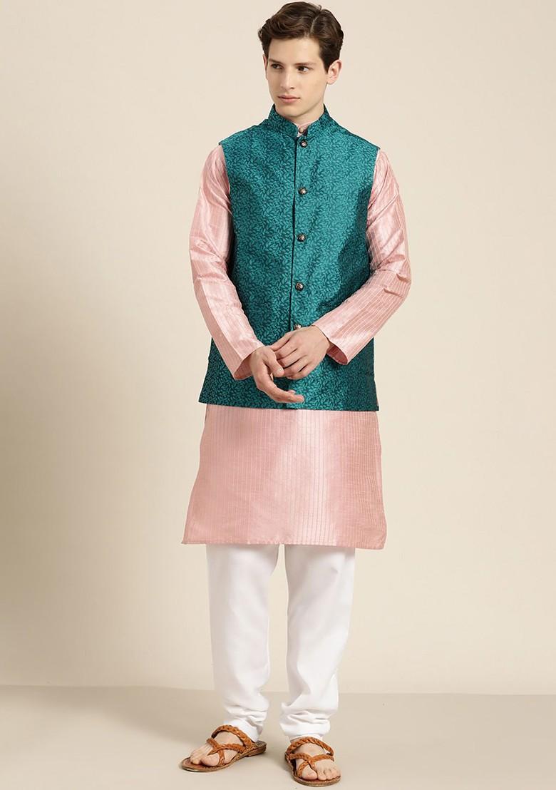 Pink Thread Work Poly Blend Kurta Set For Men