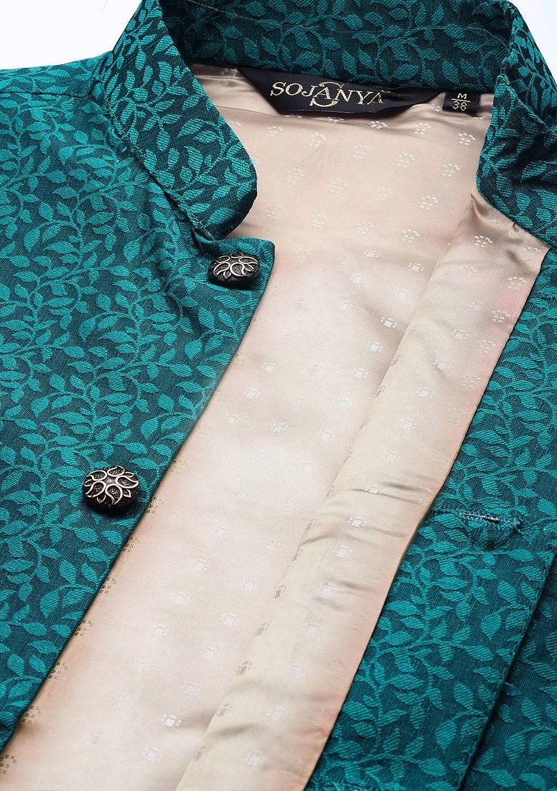 Pink Thread Work Poly Blend Kurta Set For Men