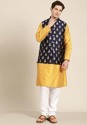 Mustard Thread Work Poly Blend Kurta Set For Men