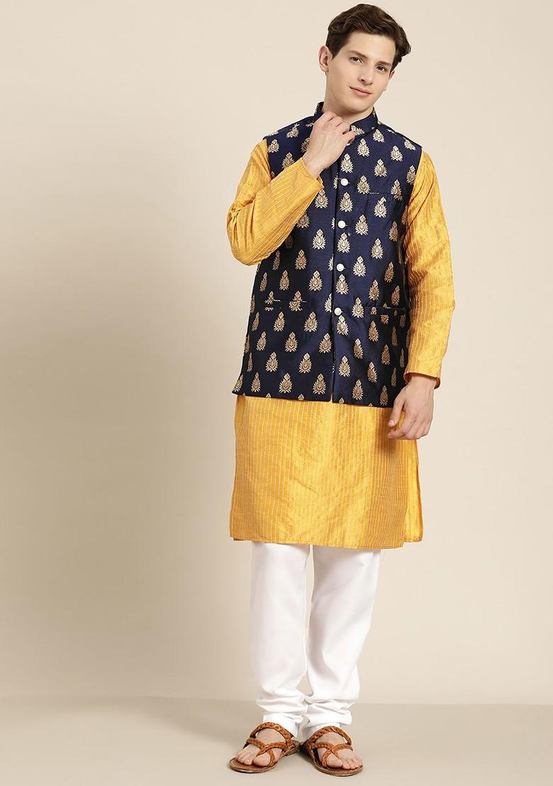 Mustard Thread Work Poly Blend Kurta Set For Men