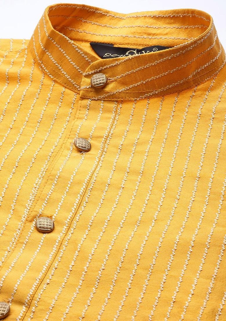 Mustard Thread Work Poly Blend Kurta Set For Men