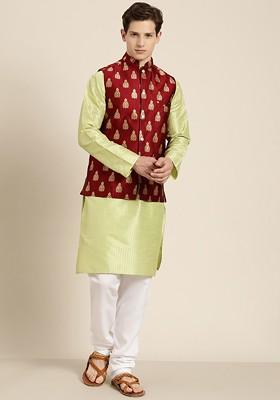 Lime Green Thread Work Poly Blend Kurta Set For Men
