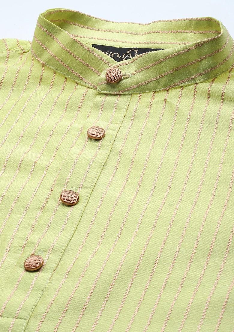 Lime Green Thread Work Poly Blend Kurta Set For Men