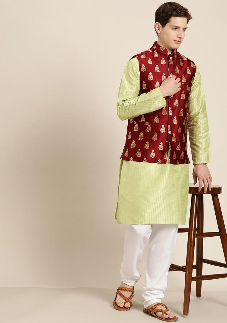 Lime Green Thread Work Poly Blend Kurta Set For Men