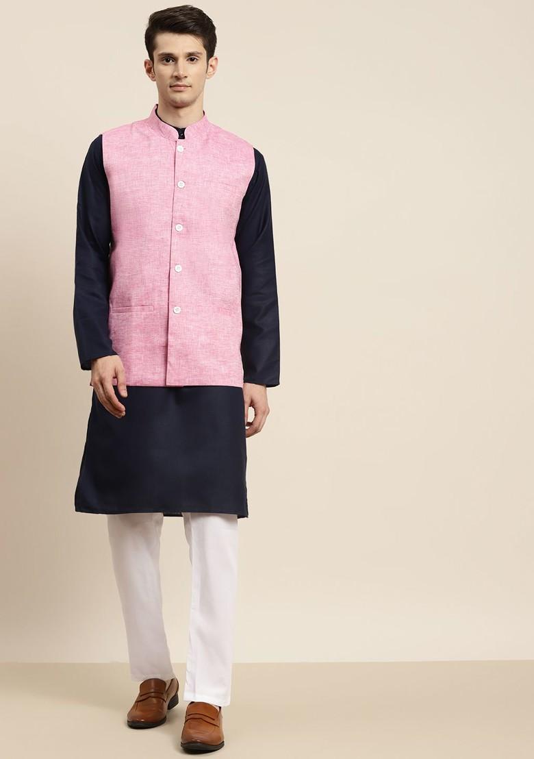 Navy Blue Solid Poly Blend Kurta Set For Men
