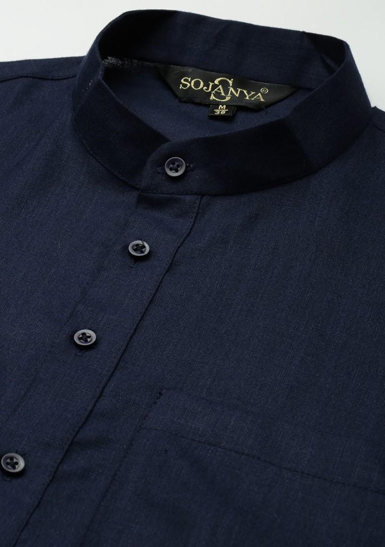 Navy Blue Solid Poly Blend Kurta Set For Men