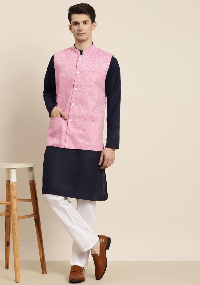 Navy Blue Solid Poly Blend Kurta Set For Men