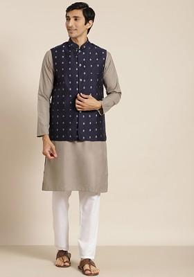 Grey Solid Poly Blend Kurta Set For Men