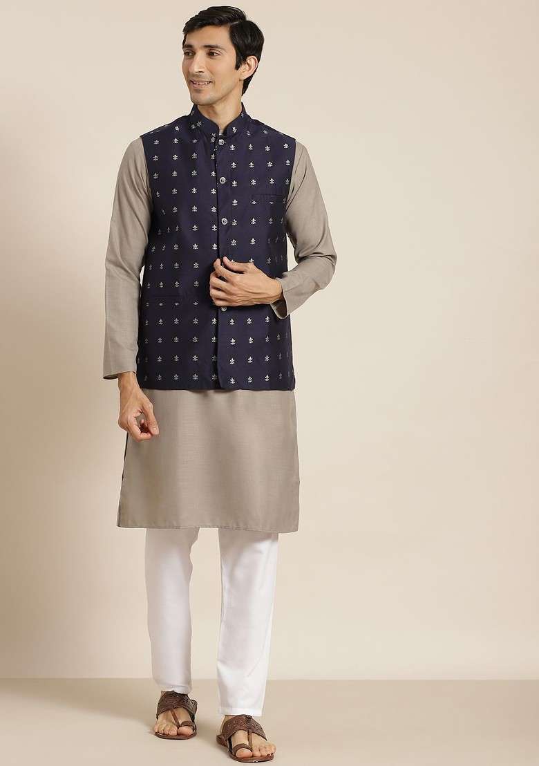 Grey Solid Poly Blend Kurta Set For Men - Indya