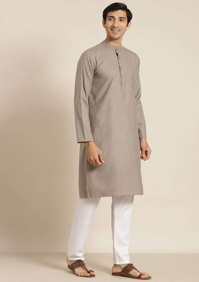 Grey Solid Poly Blend Kurta Set For Men - Indya