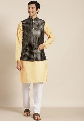 Yellow Ethnic Motifs Cotton Kurta Set For Men