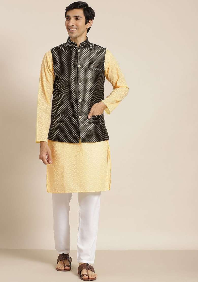 Yellow Ethnic Motifs Cotton Kurta Set For Men - Indya
