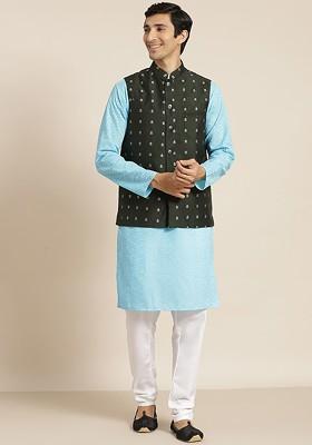 Blue Chikankari Cotton Kurta Set For Men