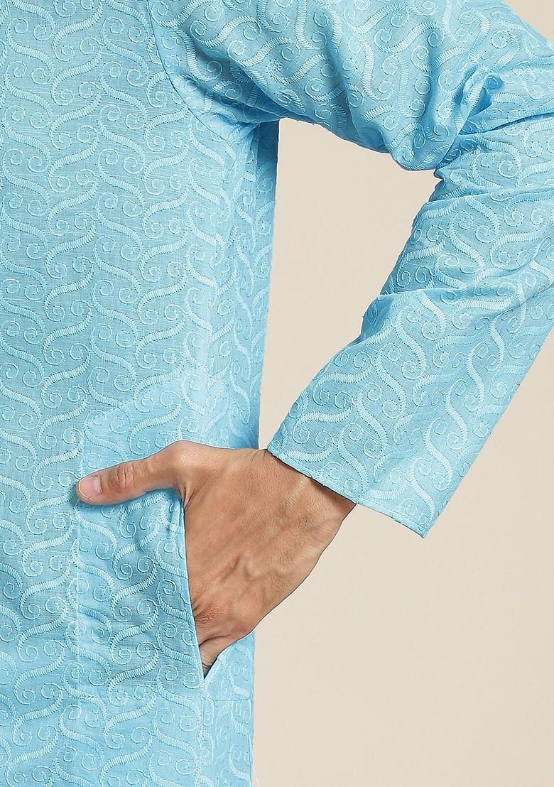 Blue Chikankari Cotton Kurta Set For Men