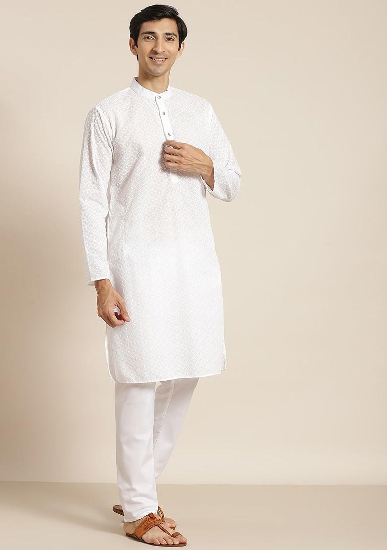 White Chikankari Cotton Kurta Set For Men