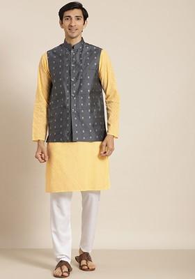 Yellow Chikankari Cotton Kurta Set For Men