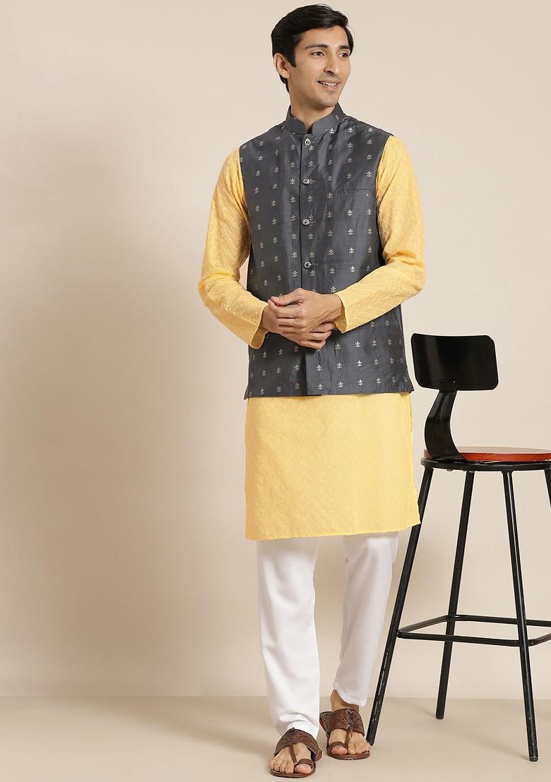 Yellow Chikankari Cotton Kurta Set For Men