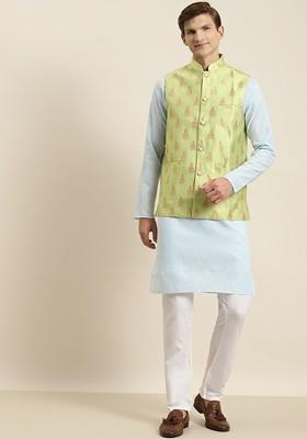 Turquoise Blue Solid Poly Blend Kurta Set For Men