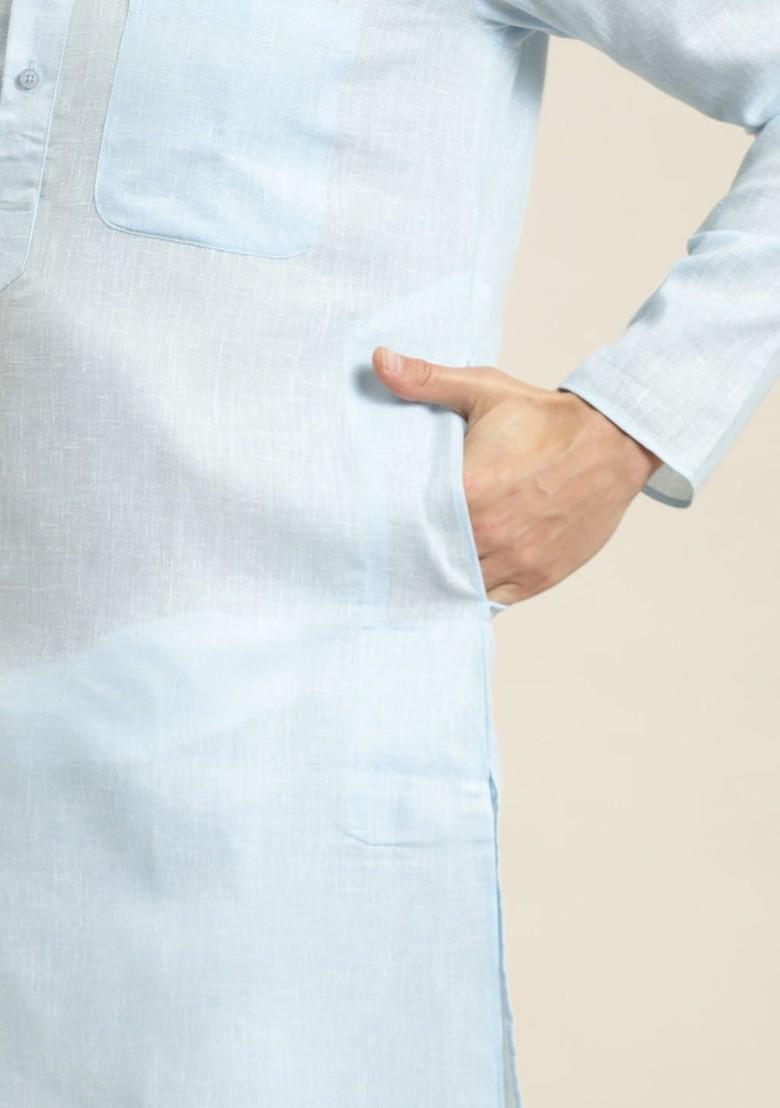 Turquoise Blue Solid Poly Blend Kurta Set For Men