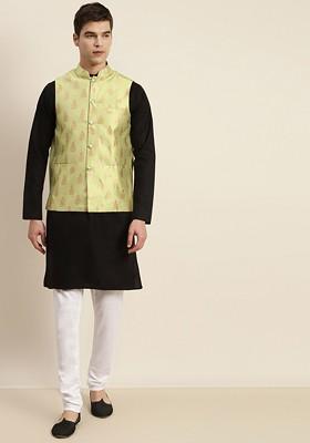 Black Solid Cotton Kurta Set For Men