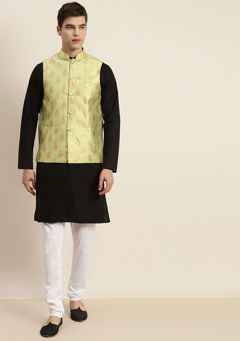 Black Solid Cotton Kurta Set For Men - Indya