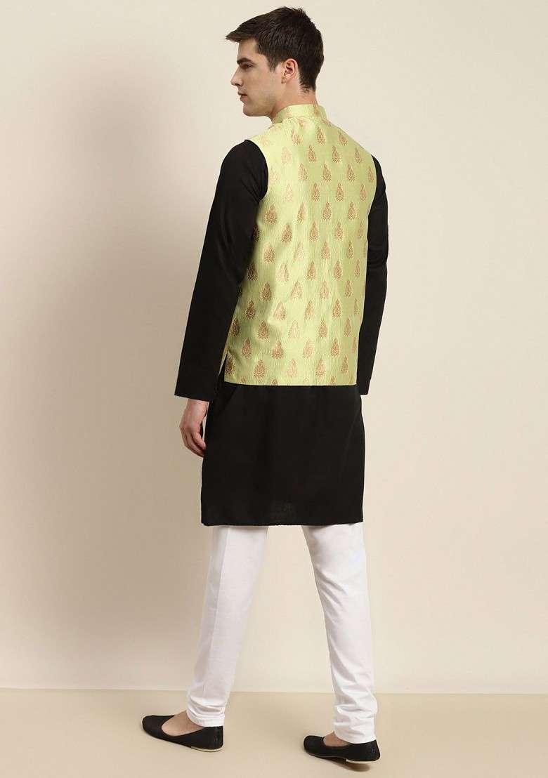 Black Solid Cotton Kurta Set For Men - Indya