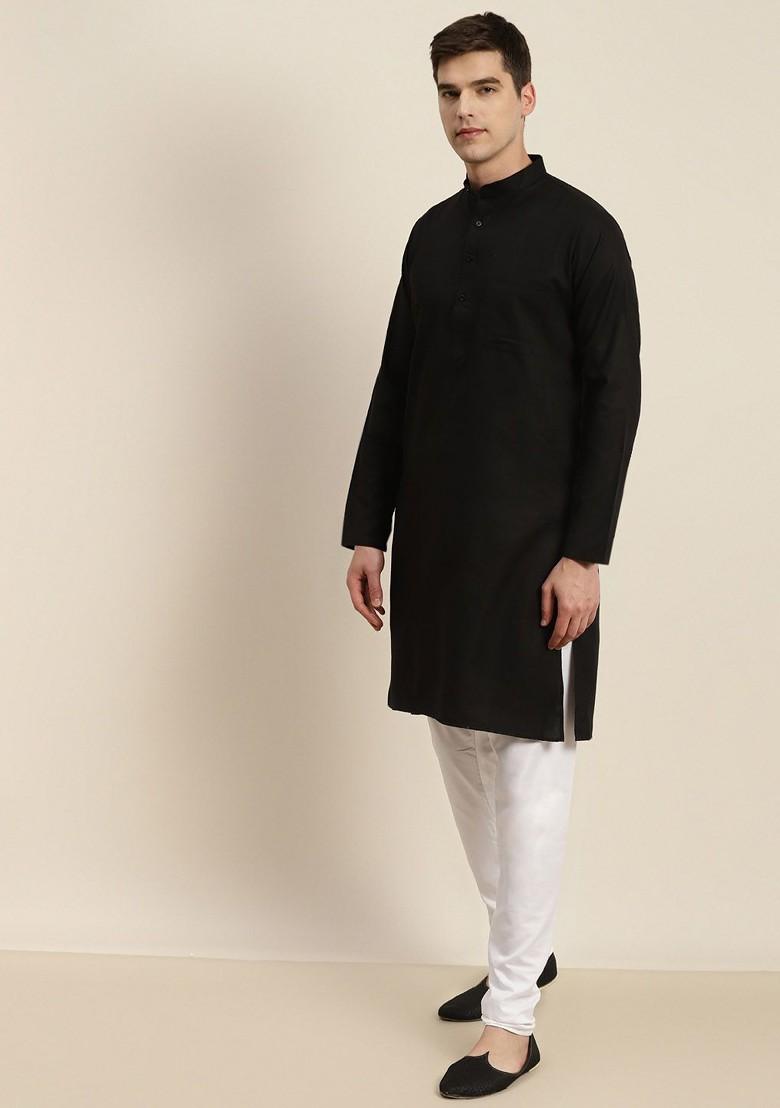 Black Solid Cotton Kurta Set For Men