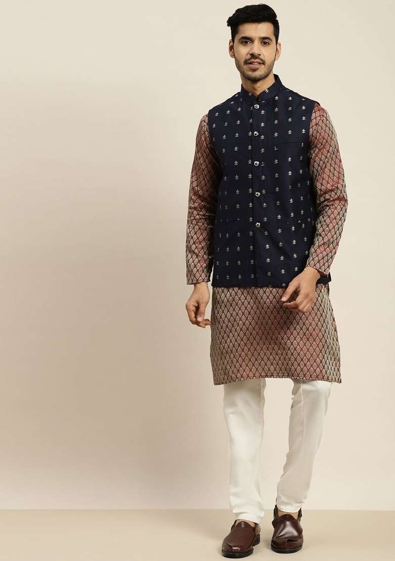 Maroon Ethnic Motifs Poly Blend Kurta Set For Men - Indya