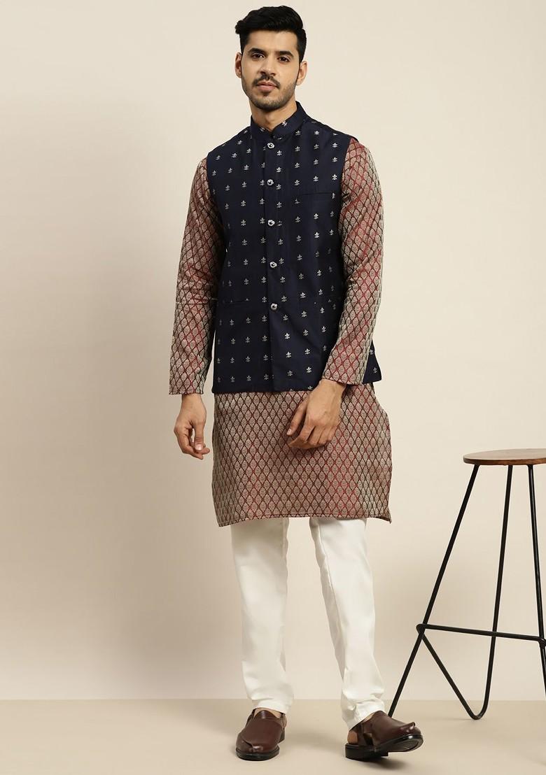 Maroon Ethnic Motifs Poly Blend Kurta Set For Men